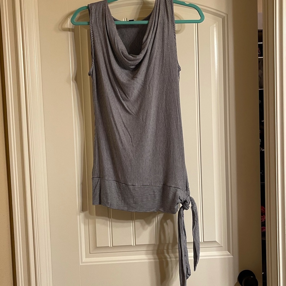 Ann Taylor- navy & white striped, sleeveless, cowl neck, tie side blouse!